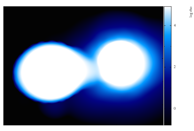 Rendering of a smooth particle hydrodynamics calculation of two white dwarfs merging