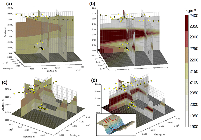 Figure. Gravity model results with station locations (yellow dots) using (a) a spatially uniform starting guess; (b) a geology-based starting guess. Panels (c) and (d) show different perspectives of the models in (a) and (b), respectively. Both starting models produce similar results, benefiting from the in-tunnel data. For reference, the inset shows station locations (red dots) on the rendered topographic surface.