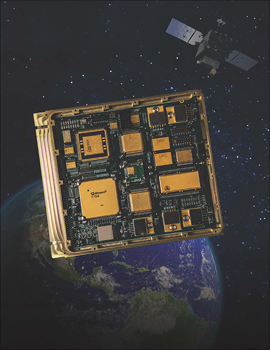 Figure. Artist’s rendition of the Radiation Hardened Single-Board Computer. In the background a satellite and image of Earth portray the space environment.