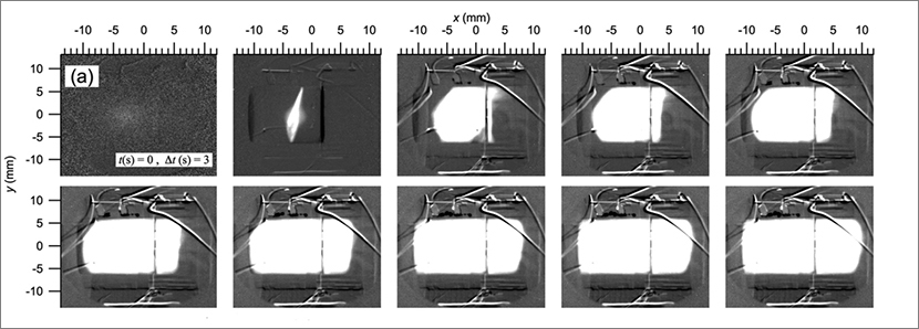 Normalized X-ray images of conductive burning in PBX 9502. Ten frames taken from a x-ray movie illustrating the initial ignition volume and the emanation of a conductive burn front in both directions along the cylinder axis. 