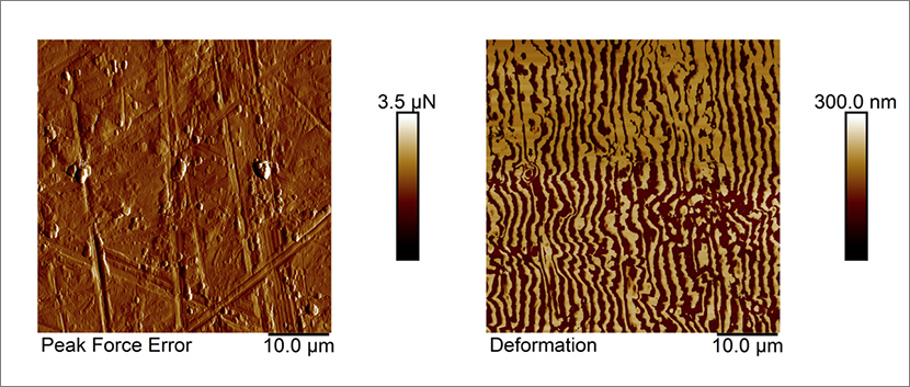 (Left): Peak force error image representing Pu coupon surface morphology and (right): Pu surface deformation image obtained by PF-QNM technique.