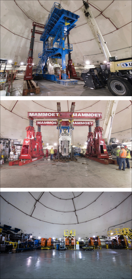 Stages of the HRS removal. (Top): Work begins on disassembling the HRS, the multi-story blue structure in the center of the pRad dome. (Center): One of the last steps in the decommissioning process was disassembling a 135-ton white magnet using a red gantry with a 700-ton capacity. (Bottom): The pRad dome painted and ready. 