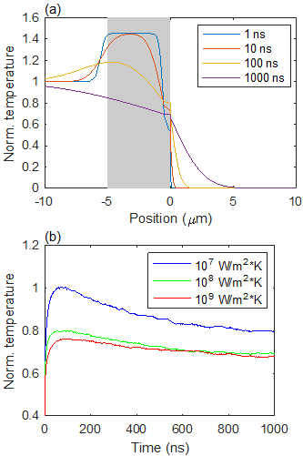 The initial (top, normalized) temperature profile created by dynamic compression spatially varies across the measurement interface at 0 m. Time-evolution of the temperature at that interface (bottom) shows how thermal diffusion produces interface temperatures that vary in comparison to the bulk thermodynamic material state (set to unity) of interest. 